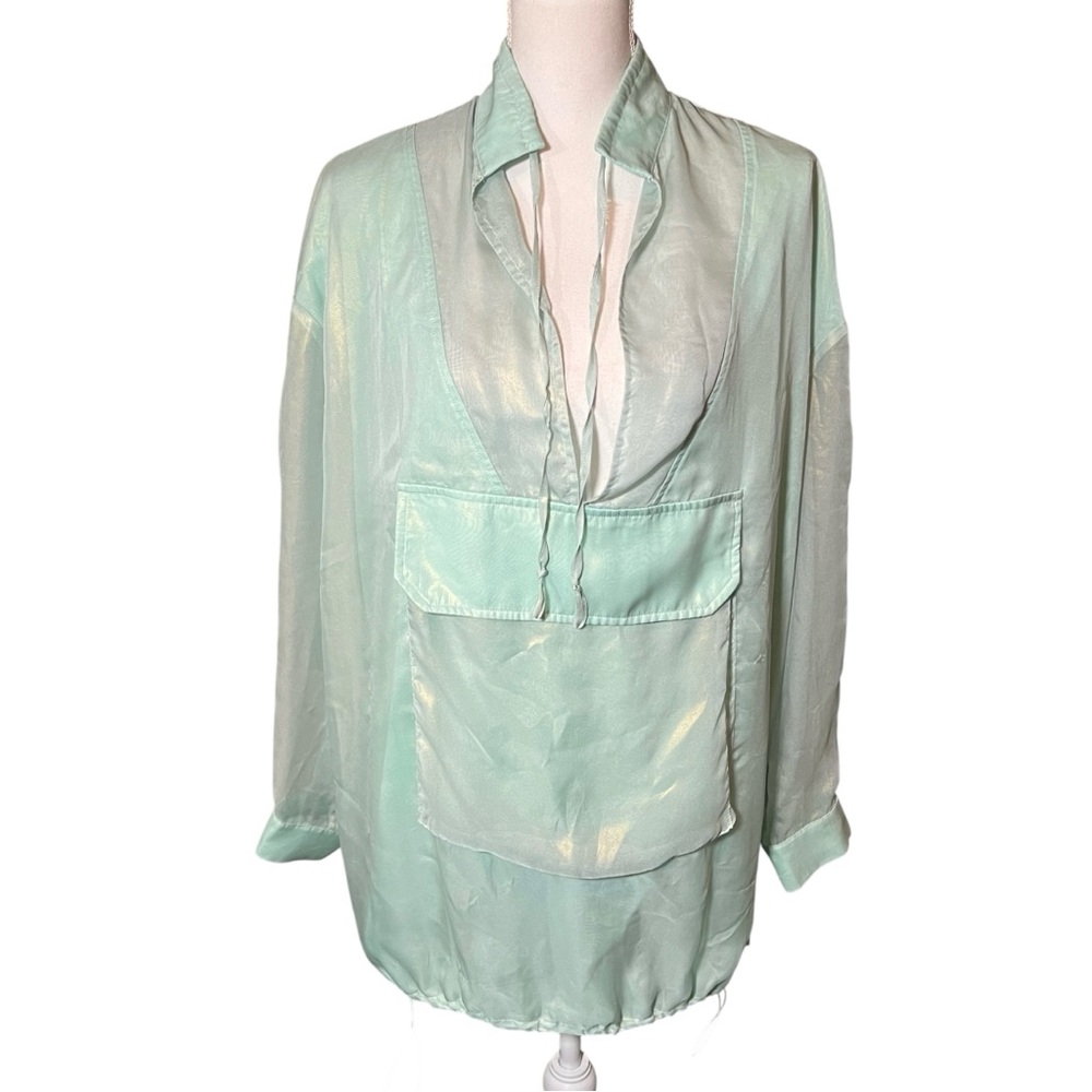 AKIRA Sea Foam Green Metallic Sheer Top Oversized Front Pocket‎ NO SIZE TAG